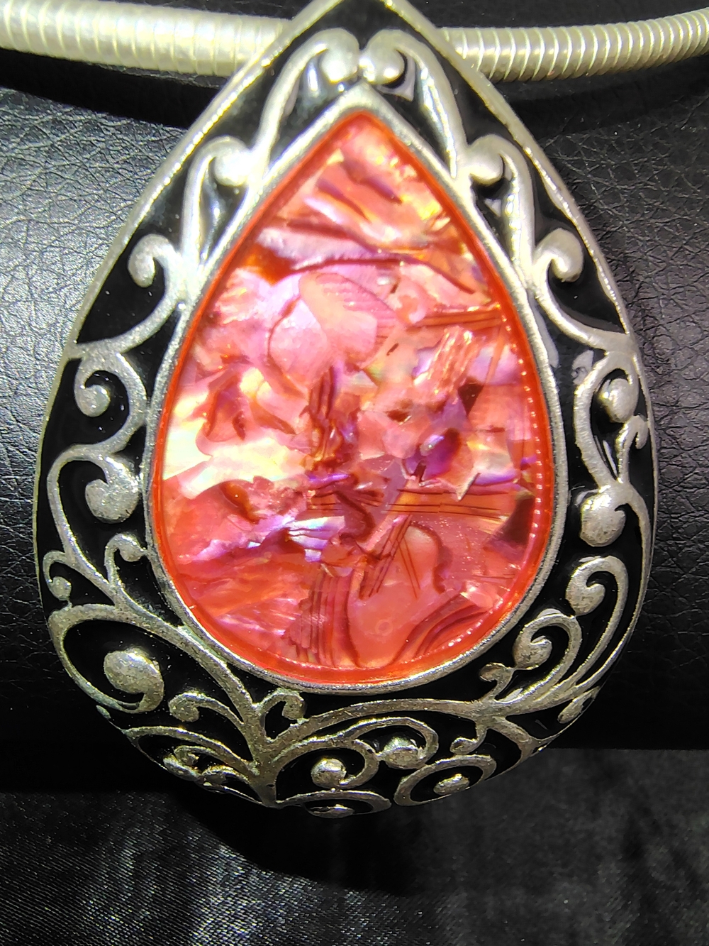 Silver Teardrop Necklace with Pink Abalone Inlay - Picture 2 of 3